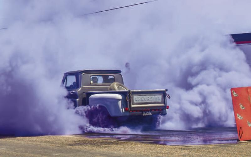COLORFUL BURNOUT - The 18th Annual Thunder on the Plains Car Show was held this past weekend with the annual burnout event taking place at the Levelland City Park. Several competitors took the opportunity to burn rubber and let smoke fly. Pictured is Frank Swain who would earn first place and take the King of the Hill title. (Photo courtesy of Emily Campos)