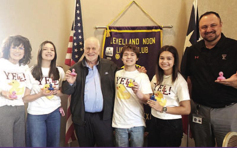 DUCKPLUCK --LHS YELL students spoke about their upcoming DuckPluck fundraiser at the Levelland Noon Lions Club. The YELL students started DuckPluck several years ago to raise money for YELL scholarships, and they’re working again this year to fund scholarships for next year’s seniors. The DuckPluck will be held on May 14. Purchasing a duck pluck offers a chance to win up to $750 in cash. The Noon Lions Club purchased 100 tickets to kick the fundraiser off. (Levelland ISD photo)