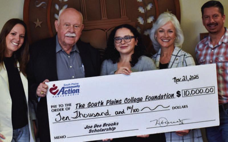 South Plains Community Action Association endowed a South Plains College scholarship honoring the late Joe Dee Brooks, a beloved Levelland native and 2023 SPC Pacesetter Award honoree. Pictured from the left are Amber Wisdom, Bill Powell, Samantha Mendoza, Julie Gerstenberger and Dallas Peña. (SPC Photo)