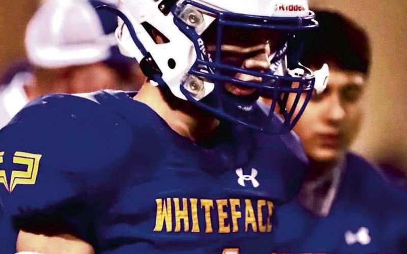 LOCKED IN - Whiteface junior Jaxon Hodge locks in during their football game against Meadow this past Friday night at Antelope Stadium. Hodge would finish with six rushes for 117 yards and three touchdowns. (Photo provided by Whiteface Victory Line Facebook)