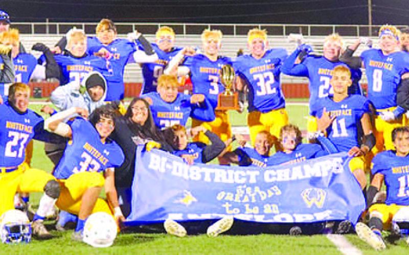 BI-DISTRICT GOLD- The Whiteface Antelopes are UIL Class 1A-1 Region II Bi-District Champions after a 56-6 win over the Van Horn Eagles in Rankin last Friday. The Antelopes will face Rankin in the area round in Gail on Friday at 6 p.m. (Photo by Holly Crutcher)