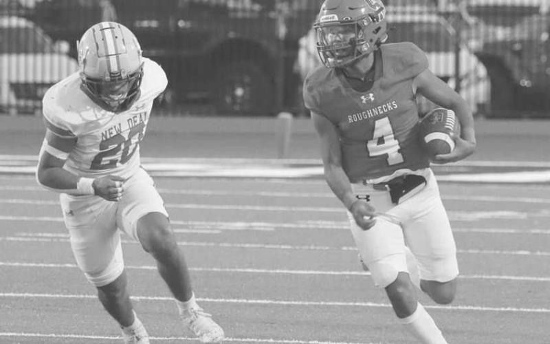 OPEN FIELD - Sundown Roughneck Adan Escamilla rounded the corner on the defense this past Friday on homecoming against the New Deal Lions at home. (Photo courtesy of Sundown ISD)