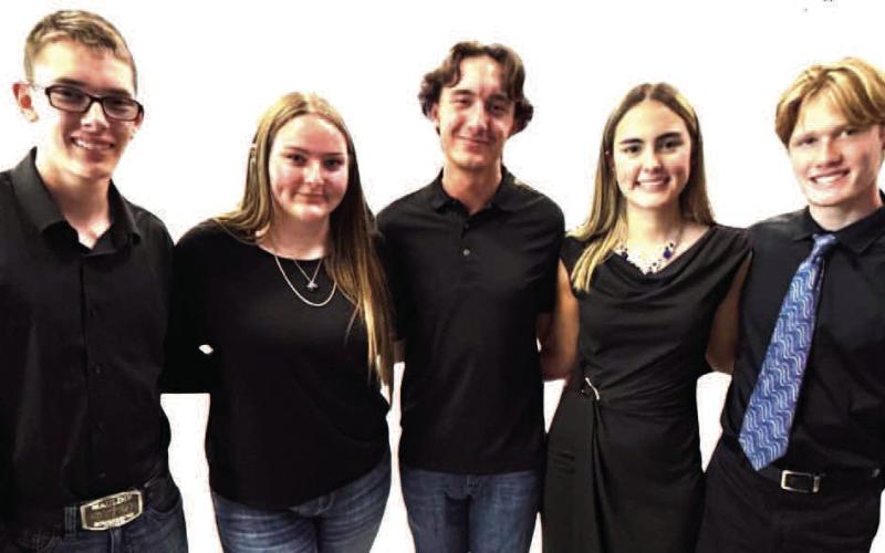 SUNDOWN BRASS QUINTET GROUP - The Sundown Roughneck Band Brass Quintet earned a Division I (Superior) at the state contest. Members include Serenity Mulloy, cornet, Bailey Corley, cornet, Ryder Stanley, horn, Lincoln Keesler, trombone, and Daniel Mauldin, tuba. (Sundown ISD photo)