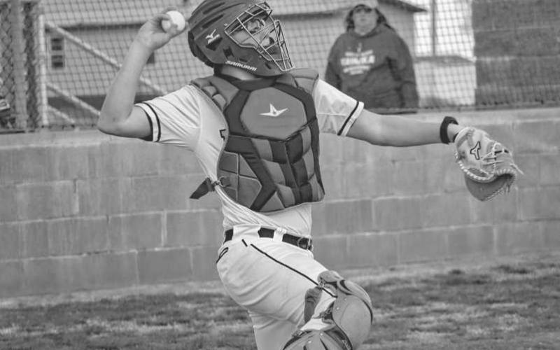 OUT - Ropes Eagle Brady Bryan threw the ball back to the pitcher during the team’s contest against the Tahoka Bulldogs this past Tuesday at home for district play. (Staff photo by Aalijah Soliz)