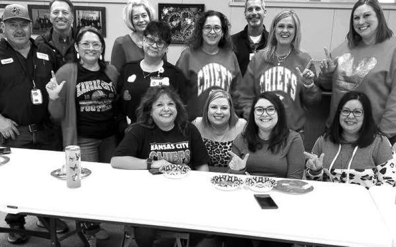 SUPER BOWL- LISD employees dressed in their team of choice for the Super Bowl this past weekend. Pictured are several Levelland ISD employees enjoying the event. (Photo by LISD).