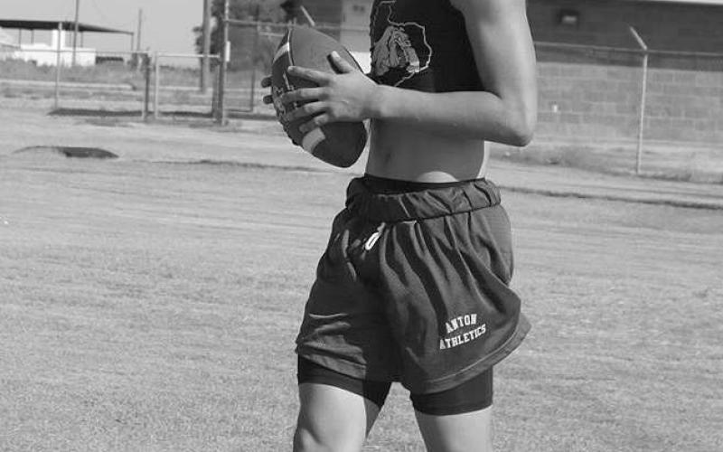 JOGGING BACK - Anton athlete Autilano Castillo was getting reps in at wide receiver. (Staff photo by Aalijah Soliz)