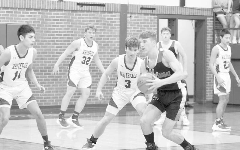 SWING PASS- The Whiteface Antelopes knocked off the Whitharral Panthers at home 53-50. Whitharral Panther Kaden Smith swung the ball all the perimeter to an open teammate. Whitharral fell to the Antelopes, 53-50. Also pictured are Antelopes Jeremias Chavez, Brighton Scoggins, Ethan Kauffman and Jeremiah Rendon. (Photo Courtesy of Holley Crutcher)