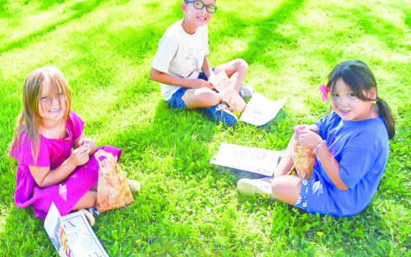 SUMMER PROGRAM FUN - The Hockley County Library Summer Program holds activities every summer for kids to participate in. A Chest Hunt was held Wednesday on the lawn of the Hockley County Courthouse where the children had to go to a different tree to pick up a clue that let them know where the treasure was located. Pictured is Blair Tomas, Cameron Castillo and Remi Ebarra. (Staff photo by Emily Campos)