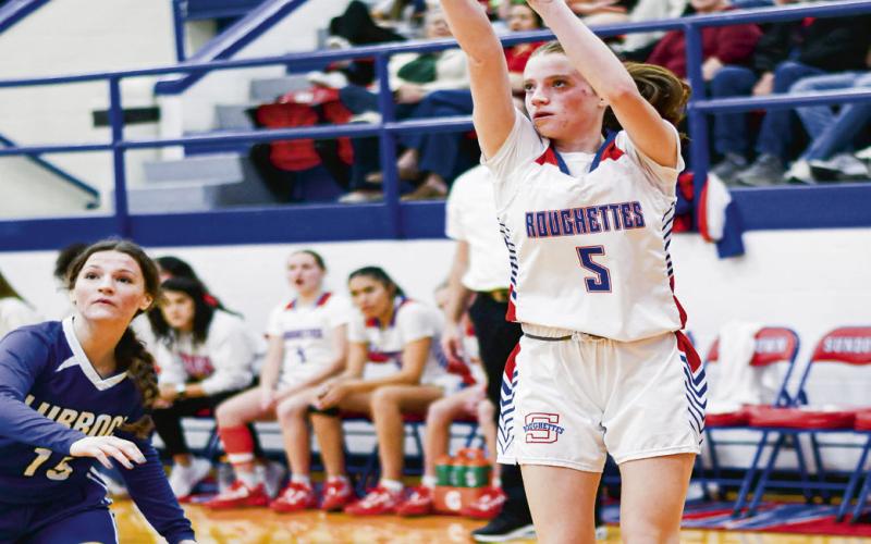 JOURDEN JUMPER - Sundown Roughette Camry Jourden shoots a jump shot during their game at home against the Lubbock Titans this past Friday night. Jourden would have 14 points. (Staff photo by Jentezen Smith)