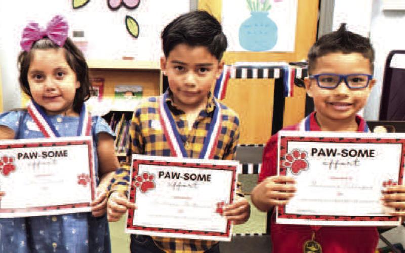 LISD KINDERGARTEN UILSTORYTELLING PARTICIPANTS: Paula Castellano (3r d place), Emiliano Montanez (2nd place), and Max Villegas (1st place). (Levelland ISD photo).