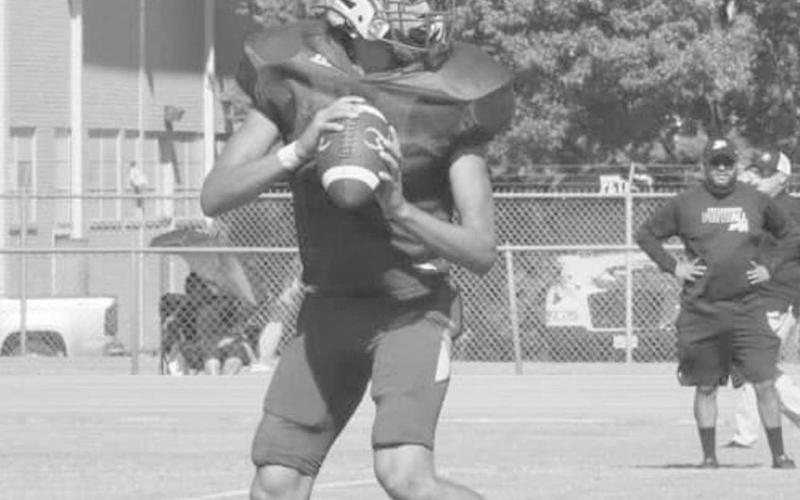 DROP BACK - Whiteface Antelope Isaak Soliz dropped back to pass this past Friday against Petersburg for the team’s first scrimmage of the year. (Photo courtesy of Holly Crutcher)
