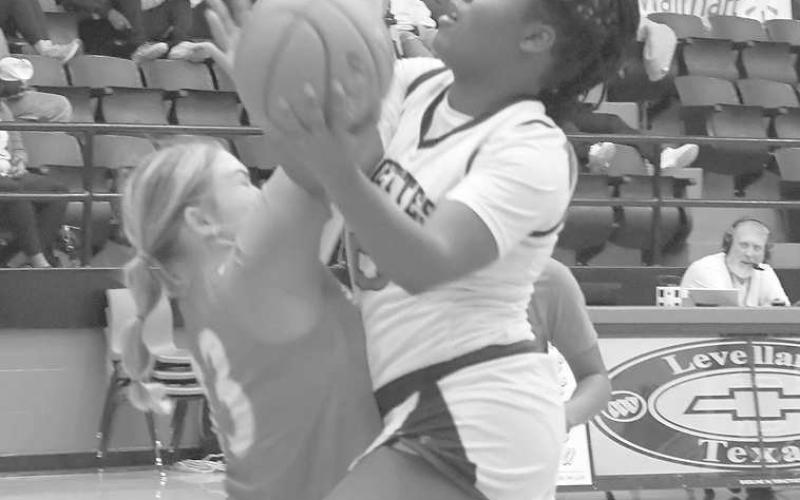 CONTACT BASKET- Destynii Jones had nine points for the state ranked Levelland Loboettes on the way to a 61-20 domination of the visiting Sweetwater Lady Mustangs in UIL district 5-4A girls’ high school basketball action last Friday. The Loboettes will host San Angelo Lakeview on Friday at 6:15 p.m. (Photo Courtesy of Jay Kelley)