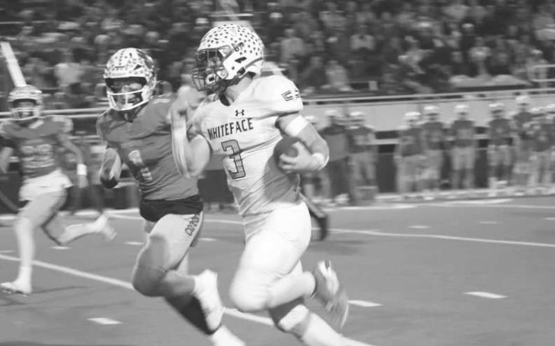 TOO SLOW - Whiteface Antelope Ethan Kauffman outran the Coyote defense on the way to the endzone last Friday night in the teams playoff loss. (Staff photo by Aalijah Soliz)