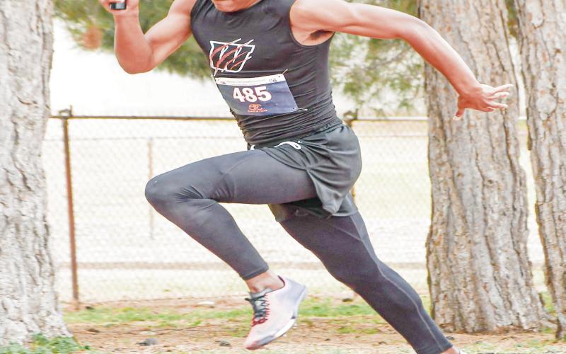 LEAD RELAY LEG - Whitharral Panther Brent Robinson leads off their 4x100-meter relay this past Friday at the Regional Championships at South Plains College. (Staff photo by Jentezen Smith)