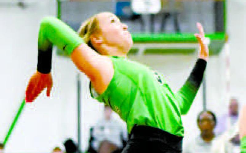 ON THE SPIKE – Lila Forsythe goes to spike the volleyball while during a game against Wellman Union this past Tuesday at the Ropes School. The Lady Eagles swept both Borden County and Wellman Union. The Lady Eagles competed in the Denver City Tournament from Aug. 28-30 to round out the week. (Staff photo by Jentezen Smith)