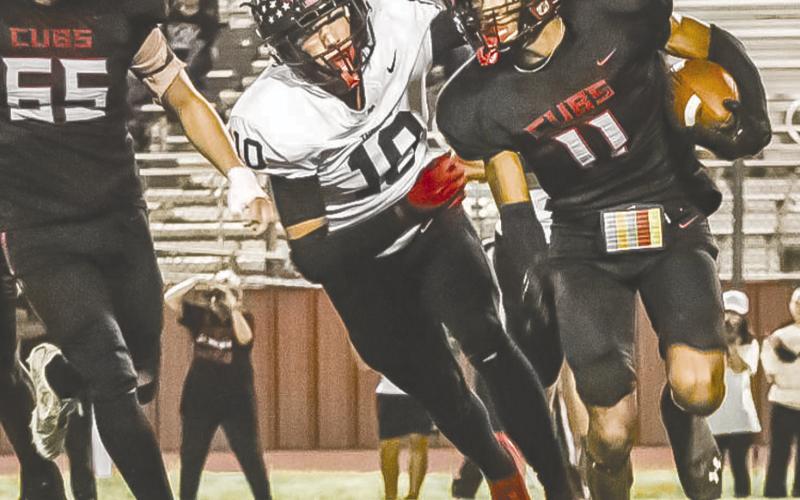 CHASE DOWN - Levelland Lobo Gage French chased down the ball carrier behind the line of scrimmage thispast Friday night on the road against the Brownfield Cubs. (Staff photo by Aalijah Soliz)
