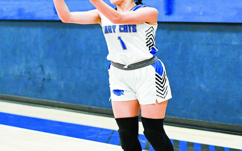 POSADAS FROM DEEP - Smyer Lady Cat Kira Posadas shoots a three-pointer during their home game against Sundown this past Friday night. (Staff photo by Jentezen Smith)