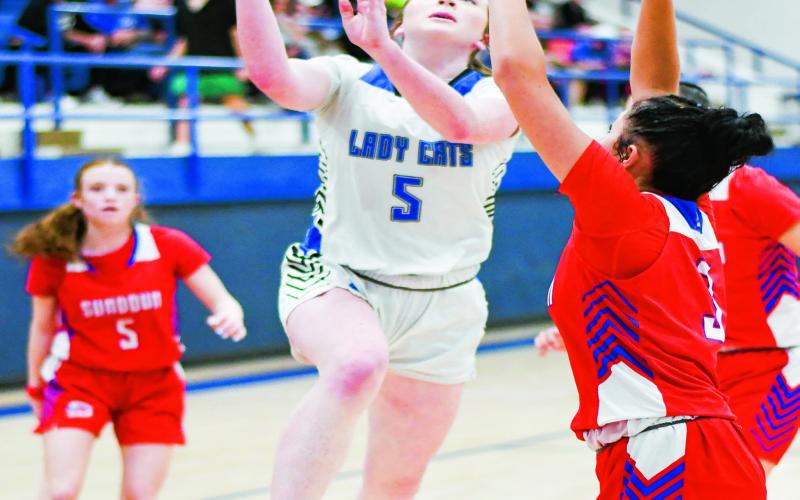 LAUNCHING FOR THE LAYUP - Smyer Lady Cat Ellie Nelson launches for a layup during their home game against Sundown this past Friday night. Nelson would score 11 points in the loss. (Staff photo by Jentezen Smith)