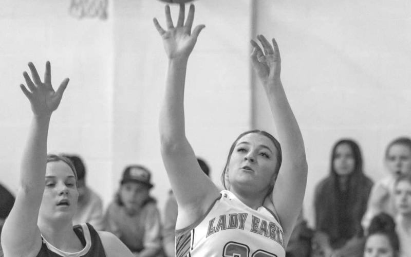 CLOSE SHOT - Ropes Lady Eagle Rylee McDaniel shot the ball during the teams first district game against New Home last Friday. (Photo courtesy of Donovan Martin)