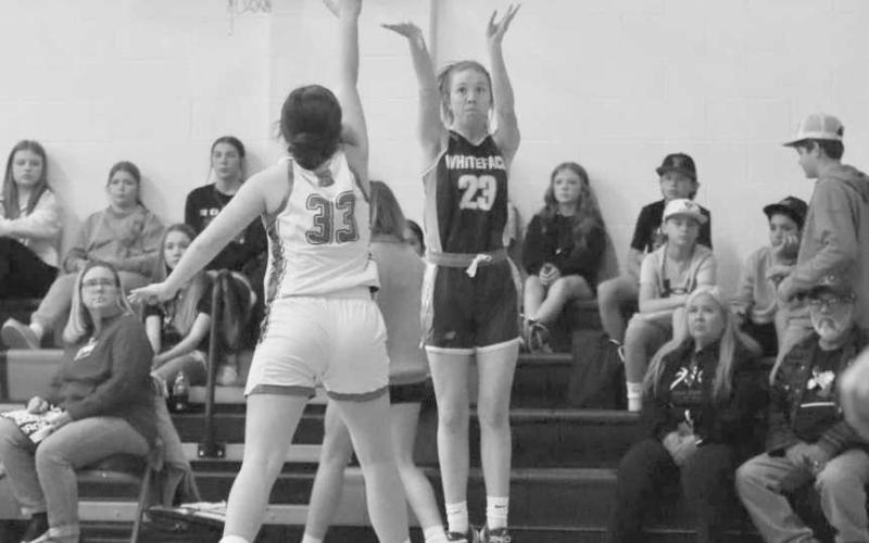 FROM DEEP - Whiteface Lady Lope Hannah Blankenship shot the ball over Ropes Lady Eagle Bailey Turner during the team’s matchup this past Tuesday afternoon. (Photo courtesy of Holly Crutcher)