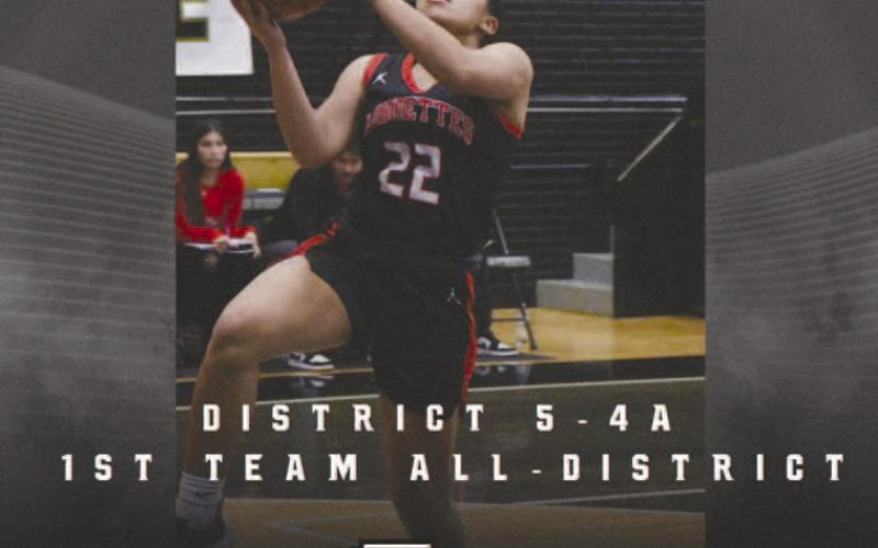 FIRST TEAM- Levelland basketball coaches Barnett, Nathan Riggan and Mark Elbert-Rios share the Levelland Loboette varsity basketball was well represented during district play this year and that they earned many all-district accolade. First Team All-District was junior guard Olivia Velardez. (Photo Courtesy of Cristal Isaacks)