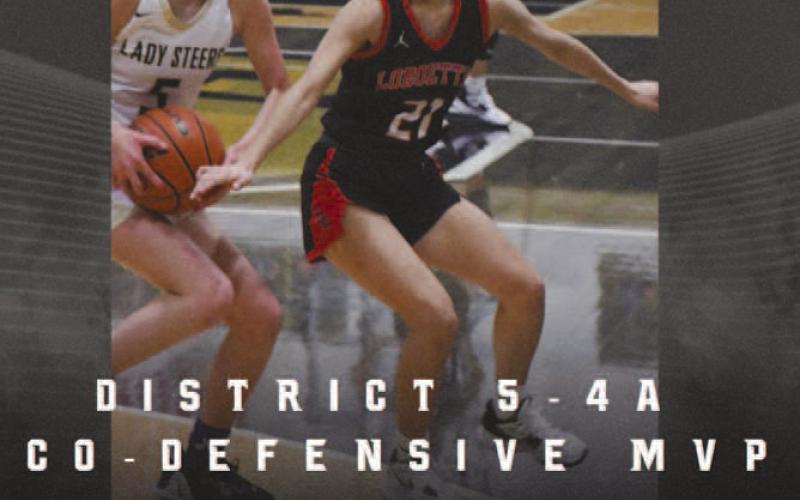DEFENSIVE MVP- Levelland basketball coaches Barnett, Nathan Riggan and Mark Elbert-Rios share the Levelland Loboette varsity basketball was well represented during district play this year and that they earned many all-district accolades. Co-Defensive MVP was junior guard Carly Tienda, (Photo Courtesy of Critsal Isaacks)
