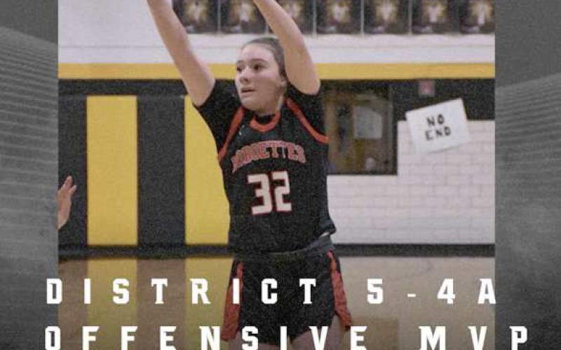 OFFENSIVE MVP- Levelland basketball coaches Barnett, Nathan Riggan and Mark Elbert-Rios share the Levelland Loboette varsity basketball was well represented during district play this year and that they earned many all-district accolades. Offensive MVP was sophomore guard Emery Smith. (Photo Courtesy of Cristal Isaacks)
