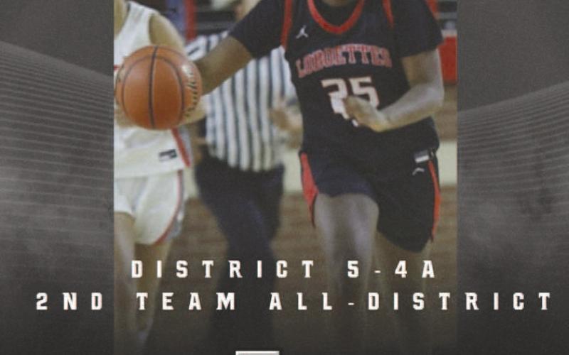 SECOND TEAM- Levelland basketball coaches Barnett, Nathan Riggan and Mark Elbert-Rios share the Levelland Loboette varsity basketball was well represented during district play this year and that they earned many all-district accolade. Second Team All- District was freshman forward Destynii Jones. (Photo Courtesy of Cristal Isaacks)
