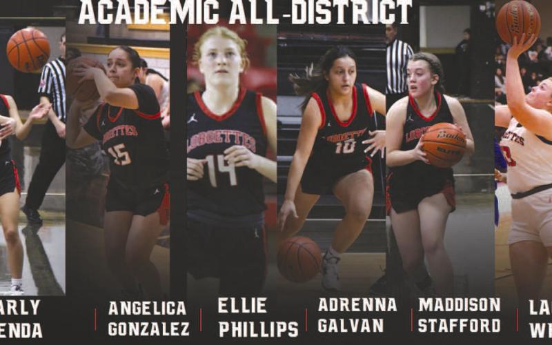 ALL ACADEMIC- Levelland basketball coaches Barnett, Nathan Riggan and Mark Elbert-Rios share the Levelland Loboette varsity basketball was well represented during district play this year and that they earned many all-district accolades. Academic All-District honors were earned by junior guard Carly Tienda, junior guard Angelica Gonzalez, senior center Ellie Phillips, senior guard Adrenna Galvan, junior guard Maddison Stafford, and senior forward Laci White. (Photo Courtesy of Cristal Isaacks)
