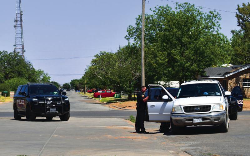 PROTECTING THE COMMUNITY - The Levelland Police officers conducted a traffic stop Friday evening at the intersection of West Avenue and Austin Street, which resulted in one arrest. Officers recovered a stolen firearm in addition to uncovering methamphetamine in the vehicle. The driver of the vehicle was placed under arrest and transported to the Hockley County Jail. The individual was charged with theft of a firearm and possession of a controlled substance penalty group one. (Staff Photo by Victoria Byrnes)