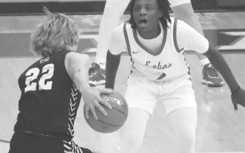 PRESSURE - Levelland Lobo Elijah Jordan pressured the Bushland offender during the teams contest in the Littlefield tournament last week. (Staff photo by Aalijah Soliz)