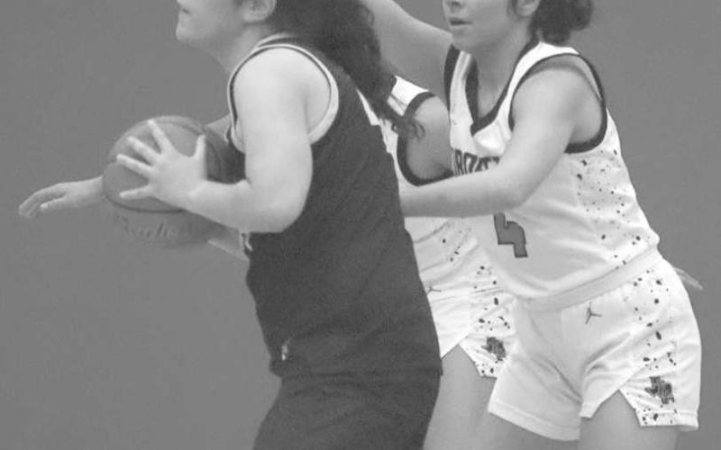 NOT IN HERE - Levelland Loboette Mia Morin pressured the Big Spring Lady Steer post to get the team the turnover in their district opener. (Staff photo by Aalijah Soliz)