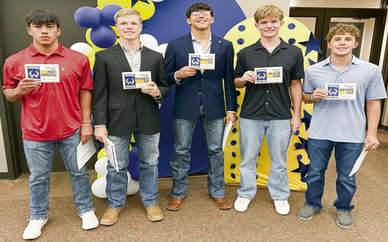 FOOTBALL AWARDS - Player of the Year: Jaxon Hodge, Offensive MVP: Luke Gresham, Defensive MVP: Isaak Soliz, Newcomer of the Year: Rylan Jones and Most Improved Player: Alex Hernandez. (Staff photo by Jentezen Smith)