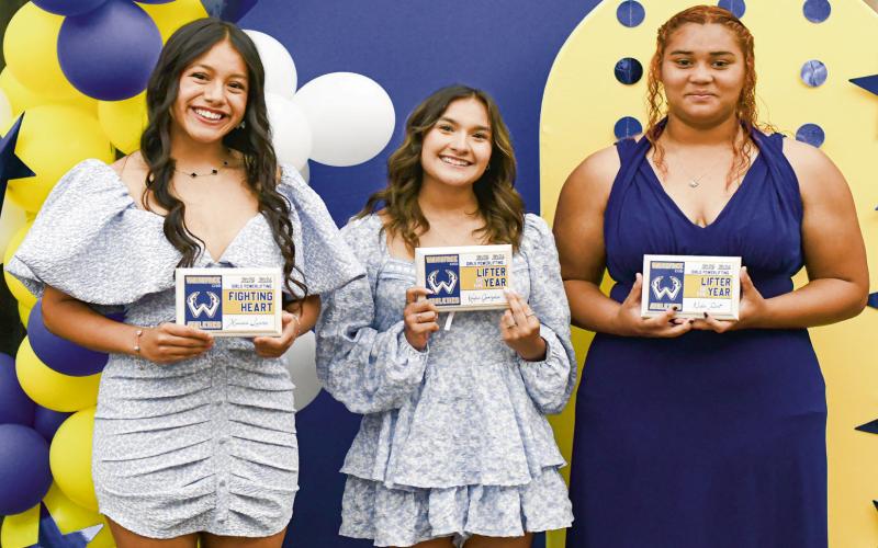 GIRLS POWERLIFTING AWARDS - Lifters of the Year: Niyla Dent and Kaylee Gonzales, and Fighting Heart: Ximena Lucero. (Staff photo by Jentezen Smith)