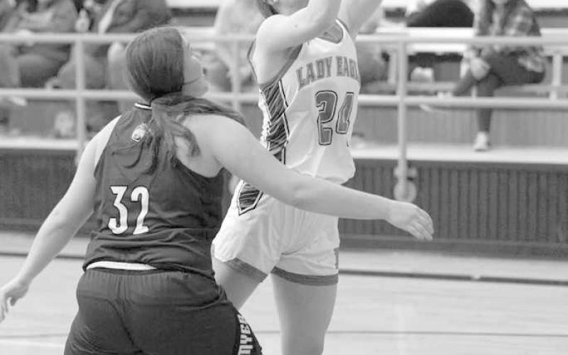 OFF BALANCE- The Ropes Lady Eagles downed the visiting Smyer Lady Cats 65-36 last week in UIL high school girls’ basketball action. Lady Eagle Campbell Latta put up an off balance lay-up in the paint. (Photo Courtesy of Donovan Martin)