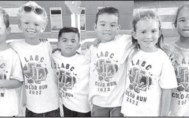 LABCCOLORRUN– Levelland Academic Beginnings Center held its first Color Run recently. Hundreds of families, friends and Lobos attended the one mile color run and cam out looking like rainbows. Pictured from the left are: Palmer Foster, Kyler Dent, Luke Lopez, Kulson Salinas, Blayke Moore and Logan Leong. The parent engagement activity was hosted by the LABC staff. (Submitted Photo)