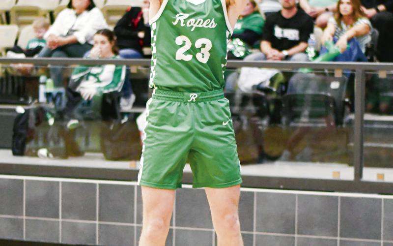 LEADING SCORER - Ropes Eagle Cutter Stumbo shoots a corner three-pointer during their game against Forsan this past Thursday at Lamesa High School. Stumbo would score a team-high 23 points in the win. (Staff photo by Jentezen Smith)