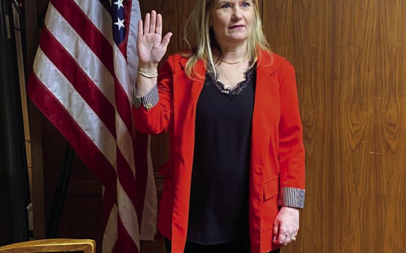 MAKING PRECINCT ONE PROUD - Wendi McNabb of Ropesville was sworn in as justice of the peace for precinct one during Monday’s regular scheduled commissioners meeting at the Hockley County Courthouse. The justice of the peace presides over the justice court and the small claims court. (Photo courtesy of Sharla Baldridge)