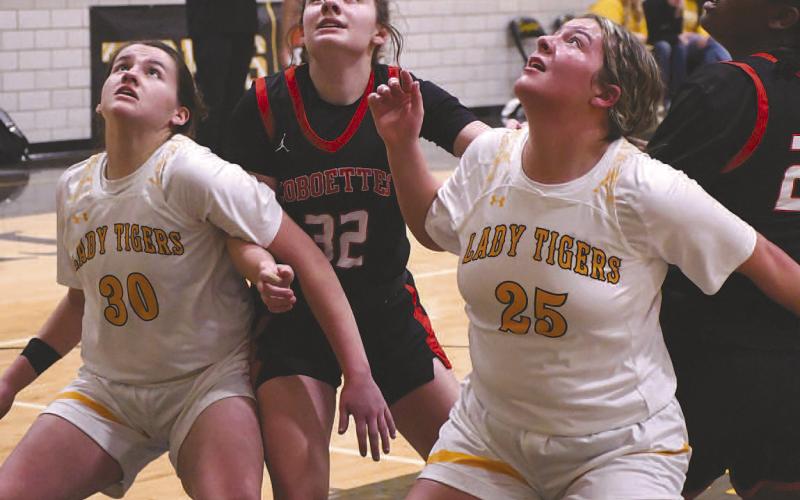 LEVELLAND REBOUND- The sixth ranked Levelland Loboettes continued their district dominance with a road win in Snyder, 67-46, against the Lady Tigers Friday. Loboettes Emery Smith and Destynii Jones battle in the paint for a rebound. (Staff Photo by Dom Puente)