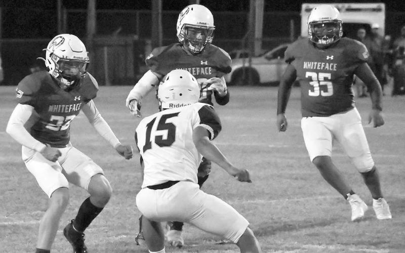 NOWHERETOHIDE- Gavin Baker, Jaxon Heflin and Damien Castenada surrounded a Meadow runner in a 64-6 home win for the Whiteface Antelopes over the Broncos in UIL Class 1A-1 high school football action last Thursday. The Antelopes will travel to O’Donnell on Friday to play for the Region II, District 5 championship. (Photo Courtesy of Jay Kelley)
