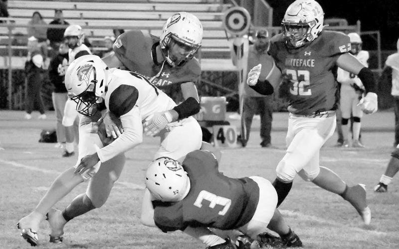 HARDHITTINGDEFENSE- Jeremias Chavez and Ethan Kauffman (3) brought down a Meadow runner in a 64-6 home win for the Whiteface Antelopes in UIL Class 1A-1 high school football action last Thursday. Brighton Scoggins (32) is also pictured. The Antelopes will travel to O’Donnell on Friday to play for the Region II, District 5 championship.(Photo Courtesy of Jay Kelley)