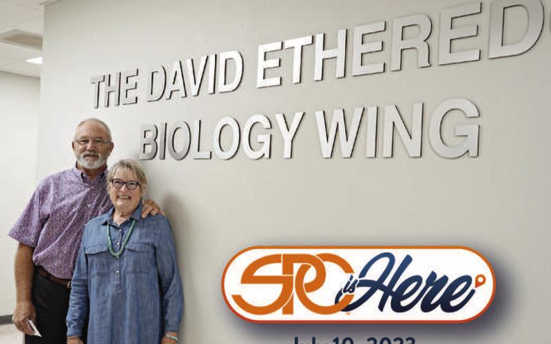 PROFESSOR HONORED – South Plains College recently unveiled the David R. Etheredge Biology Wing in the Wilburn and Helen Wheeler Science Center on the Levelland campus. The wing naming was part of a gift provided by SPC alumnus Bill Wheeler and his wife, Sandy. Also pictured is Laura Graves, Etheredge’s wife, and retired professor of government at SPC. (SPC Photo/Adrian Mellberg)