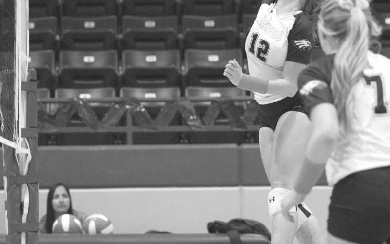 VERTICAL - Ropes Lady Eagle Rylee Mcdaniel jumped high to spike the ball over the net to get the team much needed points in the teams dominant win over Highland Park. (Photo courtesy of Donovan Martin)