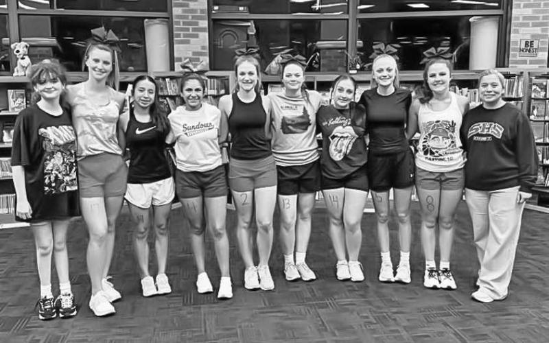 SUNDOWN VARSITY CHEER - Sundown High School has announced their Varsity Cheer Squad for 2025-2026. Pictured from left to right are: Lorelei Dietz (Mascot), Riley Grace Scifres, Sarah Posadas, Emma Escamilla, Darby Bussell, Brooklyn Keesler, Joclyn Baeza, Kaytlin Clausen, Kadyn Belew and Coach Jamie Posadas. (Photo courtesy of Sundown ISD)