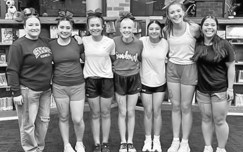 SUNDOWN JV CHEER - Sundown High School has announced their JV Cheer Squad for 2025-2026. Pictured from left to right are: Coach Sarah Goodman, Adelyn Franklin, Delilah Gonzales, Karter Hord, Emily Ramos Casas, Lily Reeves and Elana Lujan. (Photo courtesy of Sundown ISD)