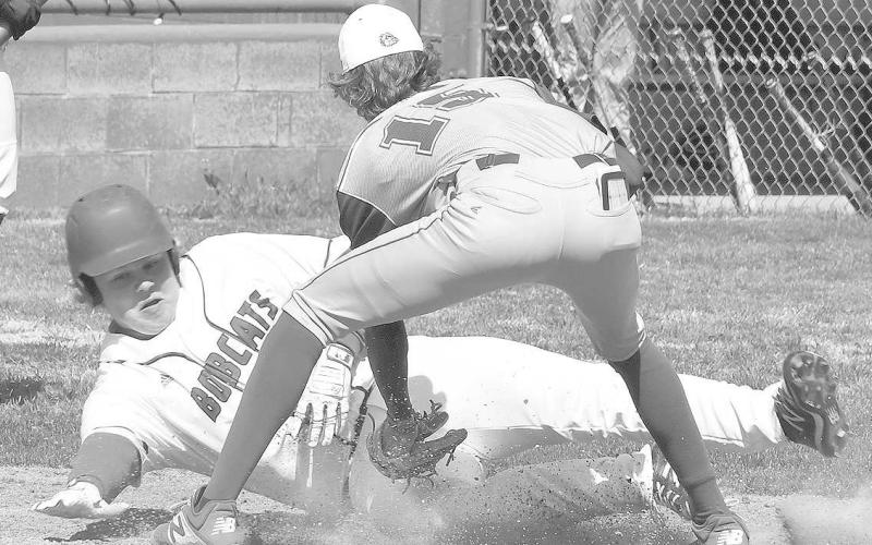 STEALING HOME- Brody Medart was out at home for the Smyer Bobcats in a 5-4 Bobcat home win over Tahoka in UIL District 4-2A High School Baseball action last Saturday. Medart had two hits, a run and a stolen base in the effort. (Photo Courtesy of Jay Kelley)