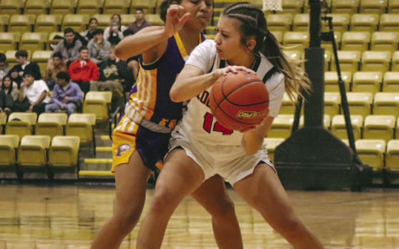 BALL SECURITY - Levelland Loboette Kaylee Penner kept the ball away from her defender during the team’s game against the Pecos Lady Eagles at the Andrews Tournament. (Staff photo by Aalijah Soliz)
