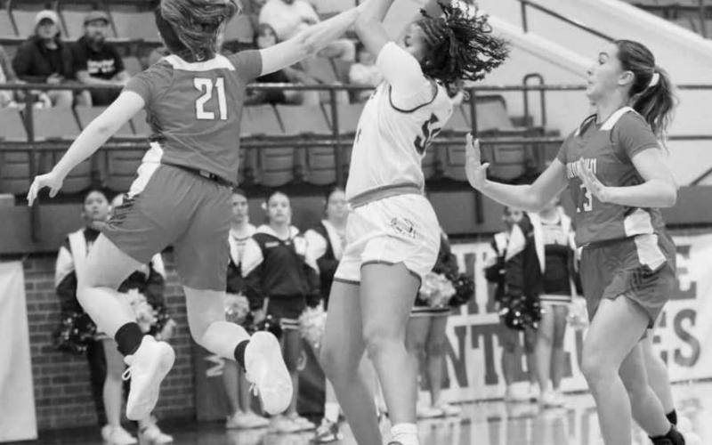 SO CLOSE - Sundown Roughette Kadee Riley reached for the ball from Whiteface Lady Lope Tymyah Olenga during the team’s district game this past Friday in Whiteface. (Photo courtesy of Holly Crutcher)