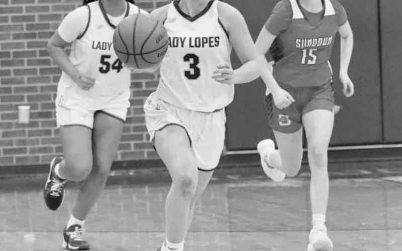 FASTBREAK - Whiteface Lady Lope Kambry Sanders ran down the court in transition during the team’s game against Sundown at home in district play. (Photo courtesy of Holly Crutcher)
