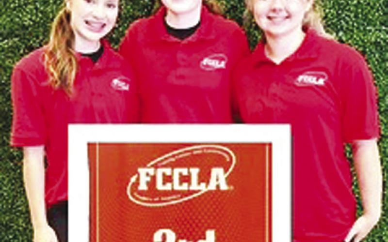 FCCLA STATE COMPETITION – The Smyer FCCLA Interior Design team of Tinley Pond, Eastlyn Wade and Isabella Demma placed third at the state contest in Dallas. (Smyer ISD photo)